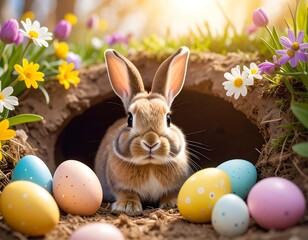 Cute bunny in a burrow surrounded by colorful Easter eggs and flowers
