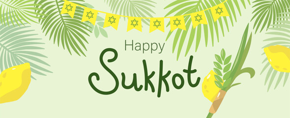 Happy Sukkot. Etrog, lulav, sukkah. Jewish holidays.