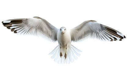 Obraz premium A majestic seagull soaring gracefully with outstretched wings against a pristine white background. capturing the essence of freedom and natures beauty in flight