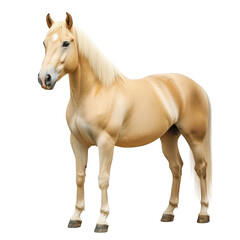 Obraz premium A stunning palomino horse stands majestically against a white background. its sleek coat and strong physique. perfect for equestrian-themed projects or animal photography