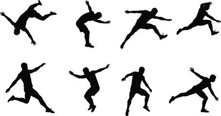 Silhouettes of Athletes and Parkour Practitioners in Dynamic Jumps and Acrobatic Poses, Vector Illustration for Sports and Action