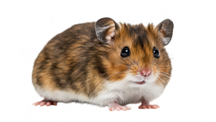 A close-up view of a cute. fluffy hamster with a mix of brown and white fur. its curious expression and small paws. set against a clean white background ideal for animal photography