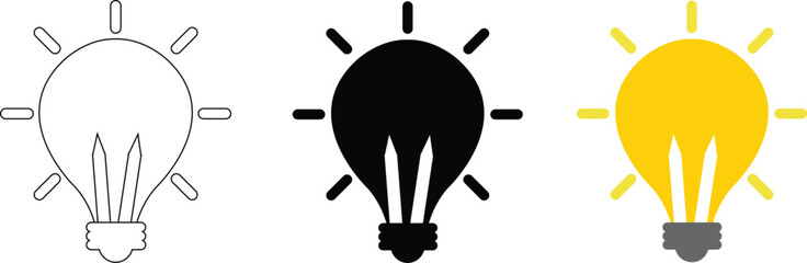 Electric light bulb icon set with lightning bolt outline, solid, and yellow flat style. Concept for energy, power, electricity, innovation, and smart technology in vector format.Innovation bulb icon 