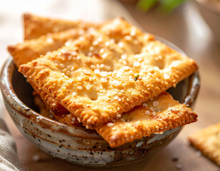 Toasted sesame crackers with sea salt in ceramic dish, close-up