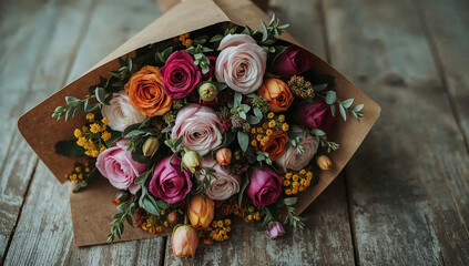 Beautiful floral bouquet with roses and greenery wrapped in brown paper resting on a wooden table