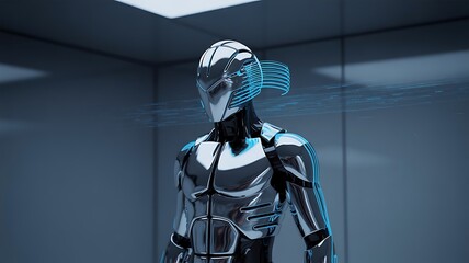 Chrome robot with blue digital accents android cyborg