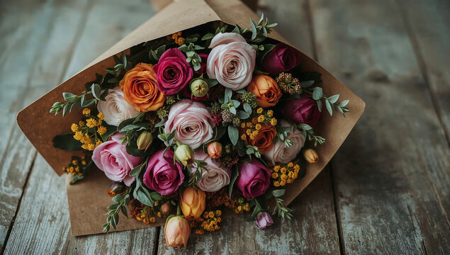 Beautiful floral bouquet with roses and greenery wrapped in brown paper resting on a wooden table - Powered by Adobe
