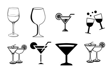 Collection of hand drawn cocktail glasses and wine glasses