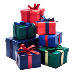 A arrangement of colorful gift boxes stacked together. featuring red. blue. and green wrapping with decorative bows. set against a clean white background. perfect for holiday celebrations or special o