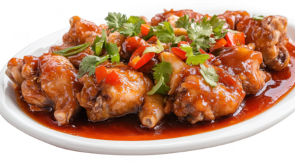 A delicious plate of spicy chicken wings garnished with fresh cilantro and diced red peppers. served on a white dish. perfect for a festive gathering or a casual dining experience