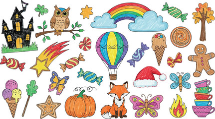 Naklejka premium Vector art of collection of colorful cartoon drawings of various objects