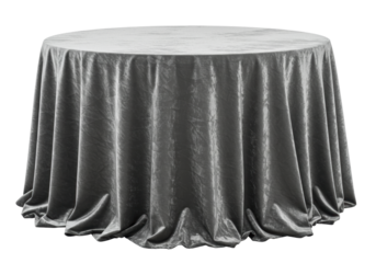 Isolated round table covered with draped silvery-gray velvet tablecloth, full view