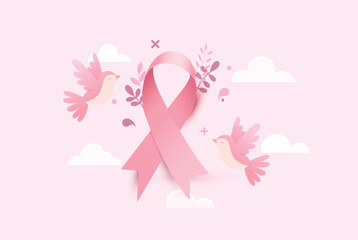 Pink ribbon for Breast Cancer Awareness Month October. Curly pink ribbon on pink background with clouds and cute birdies. Vector illustration.	
