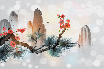 Artistic Chinese landscape wall mural with pine tree, flowers and mountain scenery. © design
