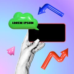 A hand presents a smartphone with a blank screen, surrounded by colorful, three-dimensional arrows and a green speech bubble cloud, set against a vibrant pink-to-blue gradient background.