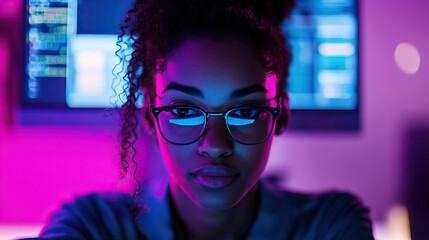 Focused young woman in glasses working at computer with neon purple and blue lighting screen code reflection in lenses