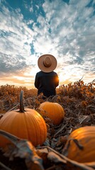 Autumn farmer standing in a pumpkin field at sunset wearing straw hat with bright orange pumpkins and dramatic sky