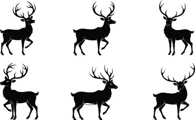 Silhouette deer illustration, wild animal vector, antler stag design, wildlife graphic art, hunting symbol, forest creature silhouette, nature artwork, decorative