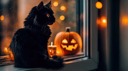 Black cat sitting on windowsill near glowing Halloween pumpkin with candlelight and warm bokeh lights
