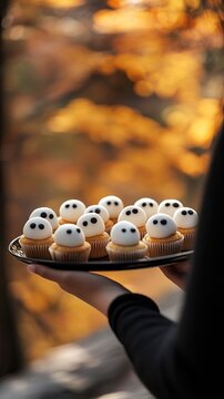 Hand holding plate of cute ghost shaped Halloween cupcakes with white frosting outdoors against autumn bokeh background