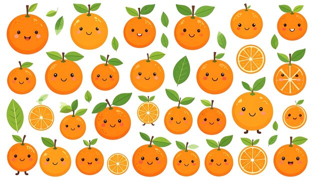 A collection of cartoon oranges, some with faces and expressions, plus leaves and sliced fruit elements. A vibrant, playful design