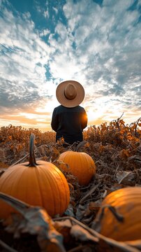 Autumn farmer standing in a pumpkin field at sunset wearing straw hat with bright orange pumpkins and dramatic sky