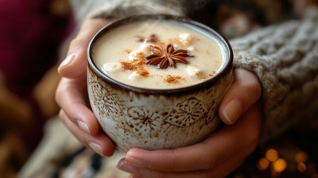 Close up of hands holding cozy ceramic cup of hot creamy spiced drink with marshmallows cinnamon and star anise
