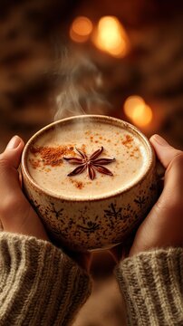 Hands holding warm ceramic cup of steaming spiced chai latte with cinnamon and star anise cozy autumn drink concept