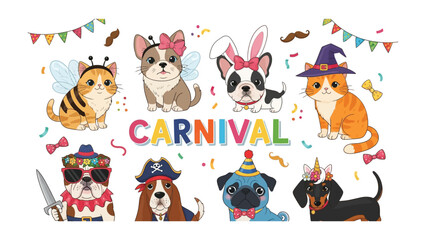 Carnival of Cuties: A whimsical illustration featuring a vibrant array of adorable pets dressed in festive carnival costumes, radiating joy and playfulness.