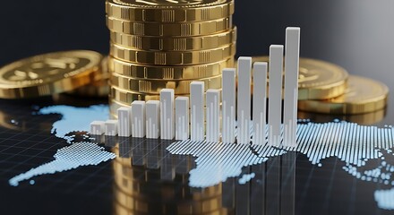 A rising bar graph chart on a world map with gold coins, symbolizing global financial growth and economic success