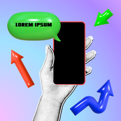 Hand holding a smartphone in black-and-white halftone style with colorful 3D speech bubble and arrows against a vibrant gradient backdrop.
