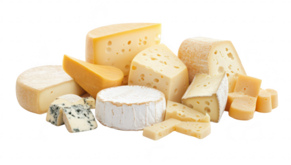 A beautifully arranged assortment of various cheeses including soft. hard. and blue varieties. their unique textures and colors against a clean white background. perfect for culinary presentations