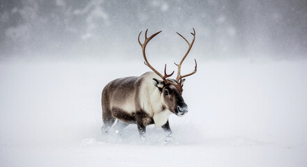 Reindeer standing in snowy landscape during winter storm. Arctic wildlife survival and seasonal adaptation for nature conservation awareness
