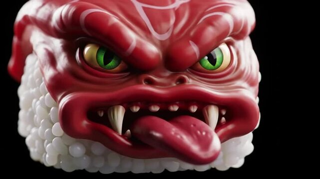 Close-up of an angry red monster with green eyes, protruding tongue, set against a black backdrop, blending the grotesque with art