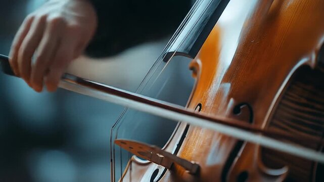 Close-up of a cello being played.  A hand holds the bow, drawing it across the strings of a rich, warm-toned cello