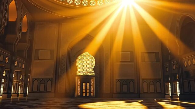 Interior architecture with sunlight streaming through arched window spiritual space light rays illumination design religious faith culture arabesque