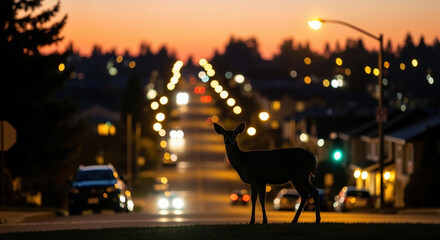 Deer silhouette standing on street with city lights at sunset. Urban wildlife adaptation to metropolitan environment for coexistence awareness campaigns