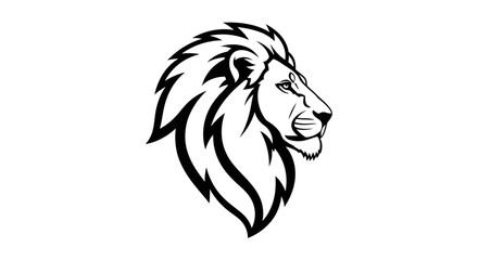 A detailed black and white illustration of a majestic lion's head in profile, showcasing its mane.