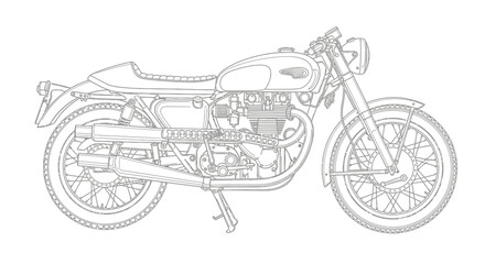 Detailed line drawing of a vintage motorcycle, showcasing its engine, exhaust, and classic design.