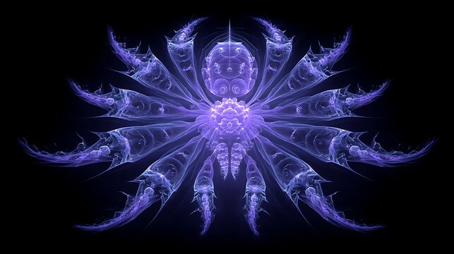 Abstract fractal design with a symmetrical, radial pattern emanating from a central glowing orb
