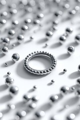 Polished chrome ring surrounded by scattered metallic spheres casting soft shadows on a clean white surface
