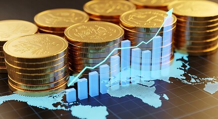 Stacks of gold coins with a rising bar graph and world map overlay symbolizing financial growth and global economy