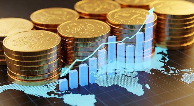 Stacks of gold coins with a rising bar graph and world map overlay symbolizing financial growth and global economy