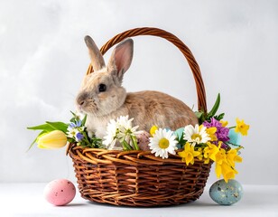Cute bunny in Easter basket with flowers and eggs