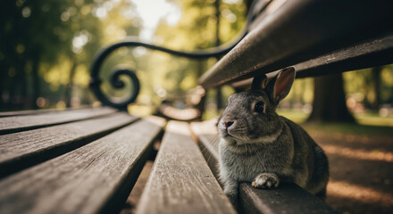Rabbit sitting on park bench in urban green space. Wildlife adaptation to city recreational areas for coexistence awareness campaigns