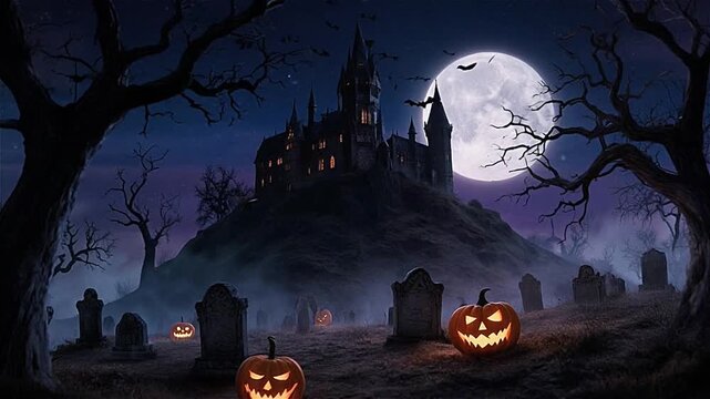 Halloween night at haunted graveyard near castle, under full Moon