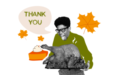 Composite photo collage of dissatisfied american man show tongue stinky roasted turkey pumpkin pie autumn isolated on painted background