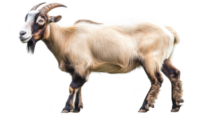A playful goat standing against a white background. its unique fur texture and friendly expression. ideal for animal-themed projects or educational materials