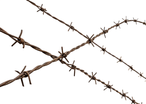 Barbed wire isolated on transparent background, rusty and dangerous obstacle