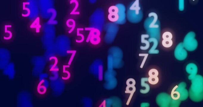 Bright glowing numbers falling on a colorful gradient background. Concept of digital data, coding, information technology, and futuristic communication.